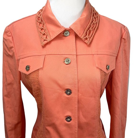 St. John Applique Collar Knit Panel Cotton Light Jacket Jean Sweater Insert - Picture 3 of 10